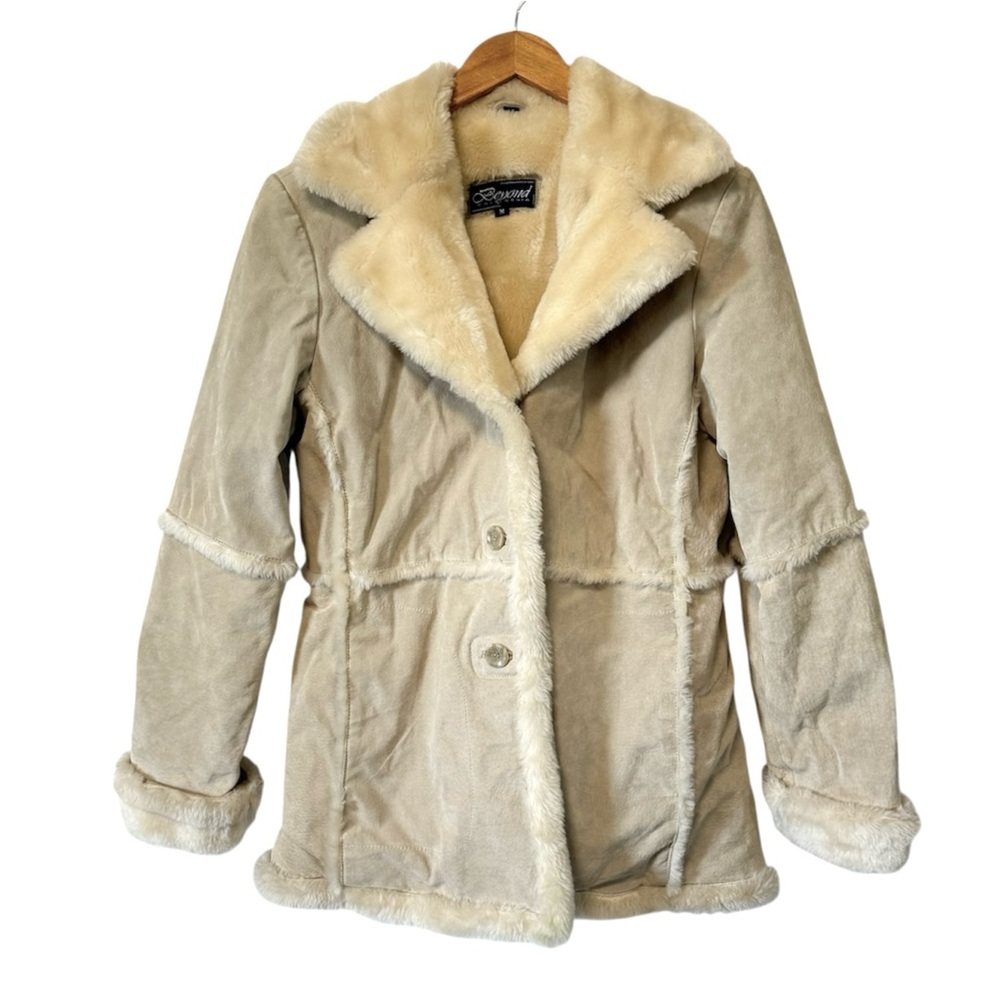 Vintage Y2K Penny Lane Coat Suede Faux Fur Jacket Womens Medium Tan Cream‎